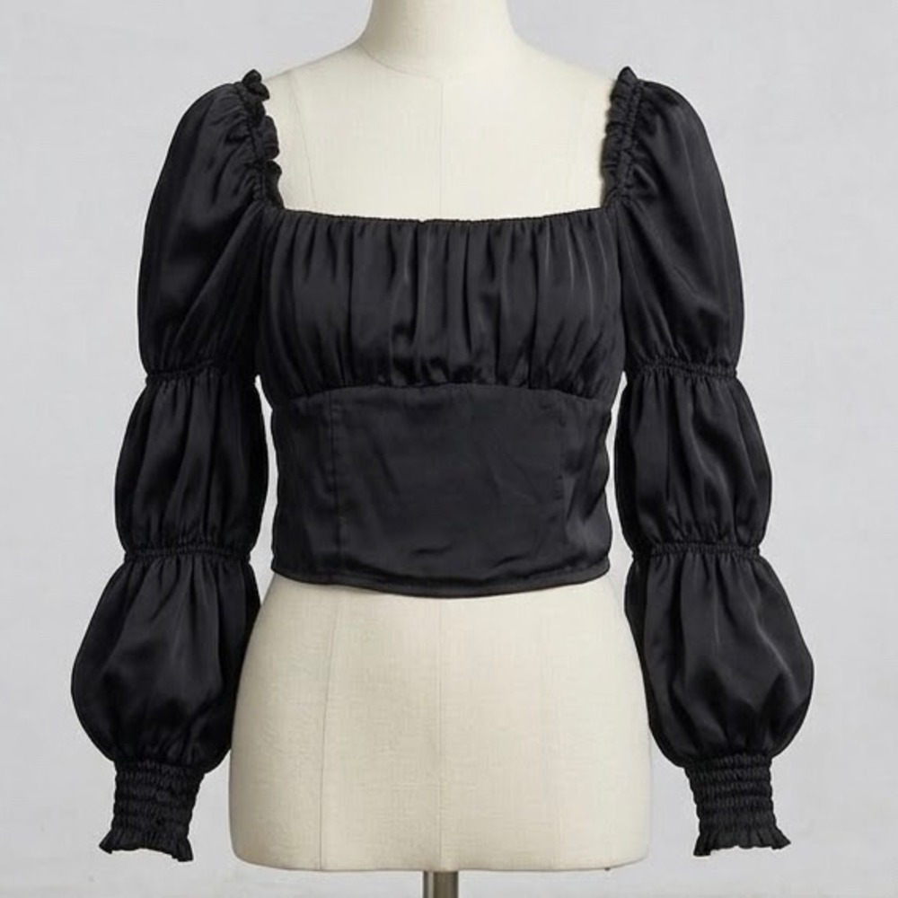 H&M Divided Black Satin Puff Sleeve Crop Top Square Neck M, whimsygoth, darkgoth